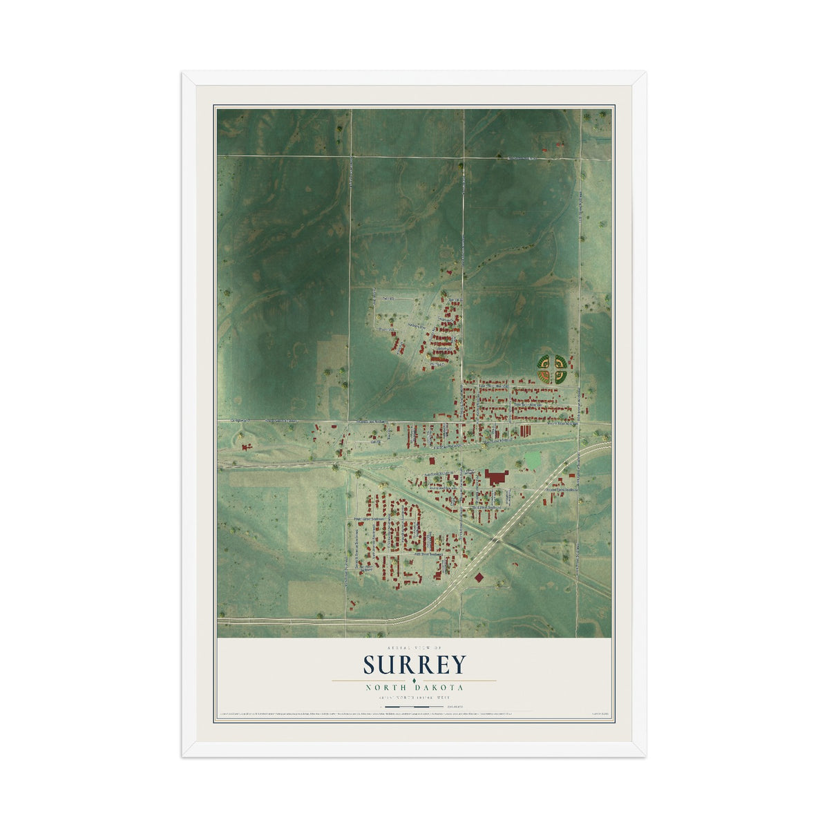 Map of Surrey, North Dakota, 12 x 18 inch print in a white wood frame