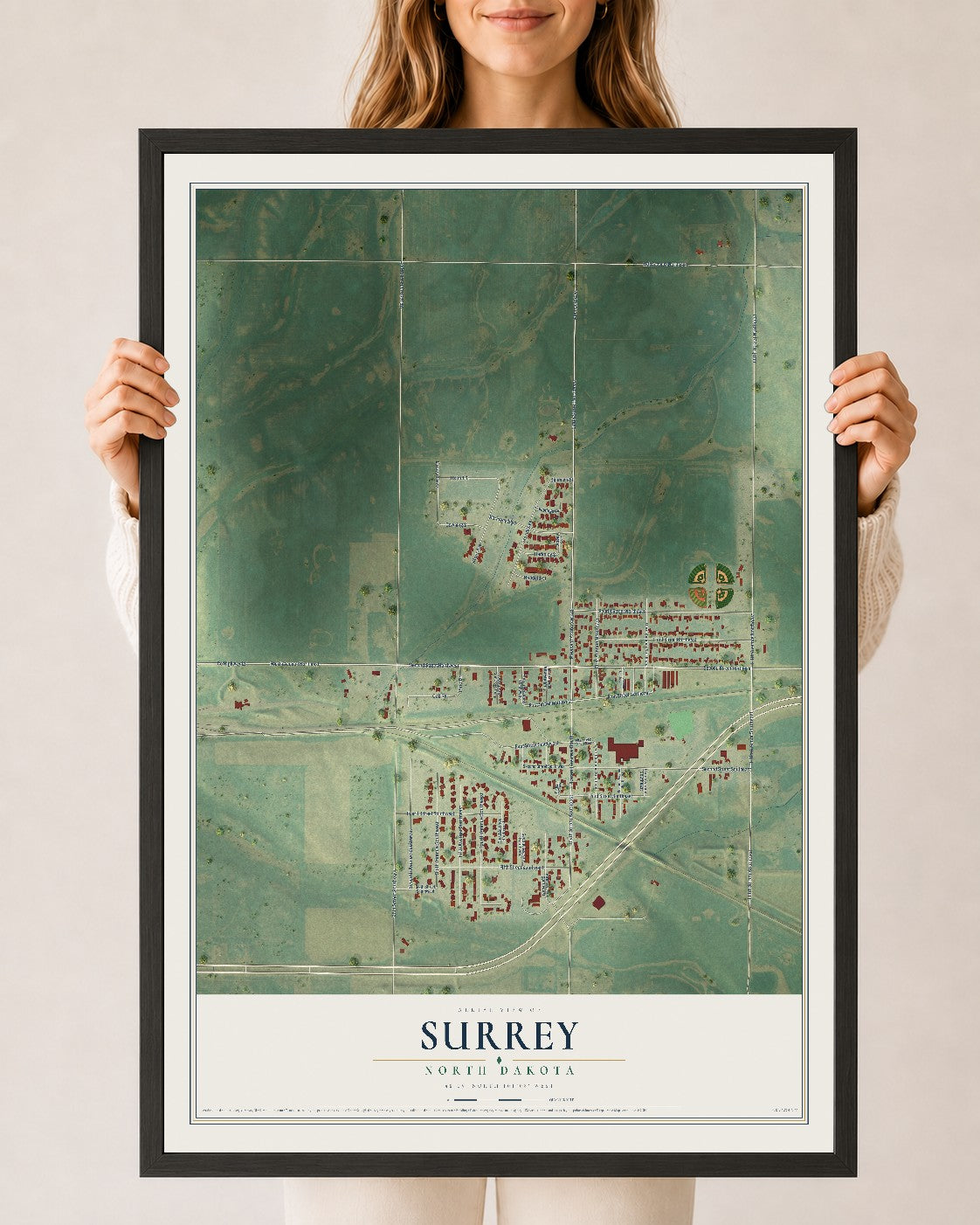 Map of Surrey, North Dakota, 24 x 36 inch print in a black wood frame