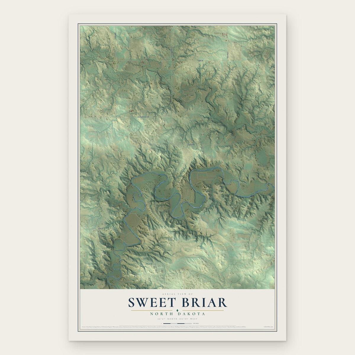 Sweet Briar, North Dakota map print, the full design