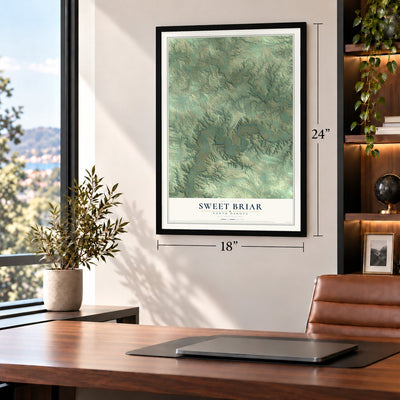 Sweet Briar, North Dakota map, 18 x 24 inch print in a black frame in a home office