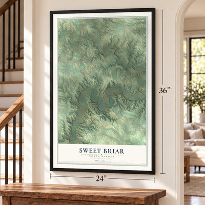 Sweet Briar, North Dakota map, 24 x 36 inch print in a black frame by a staircase
