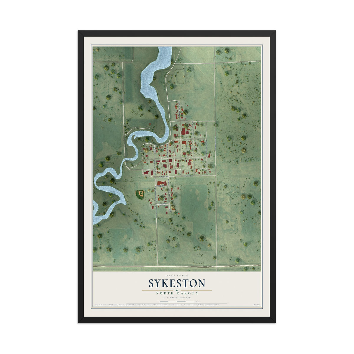 Map of Sykeston, North Dakota, 12 x 18 inch print in a black wood frame