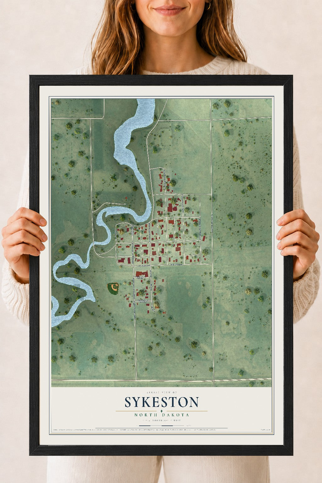 Map of Sykeston, North Dakota, 18 x 24 inch print in a black wood frame