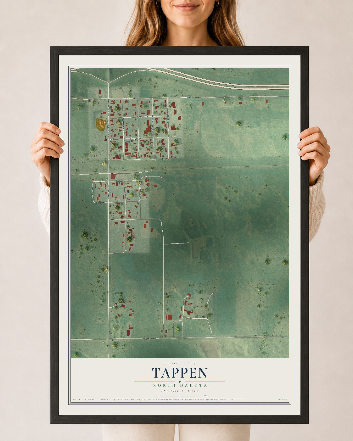 Map of Tappen, North Dakota, 24 x 36 inch print in a black wood frame