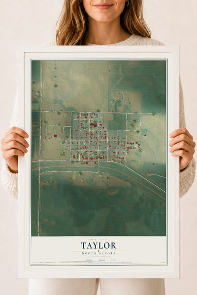 Map of Taylor, North Dakota, 18 x 24 inch print in a white wood frame