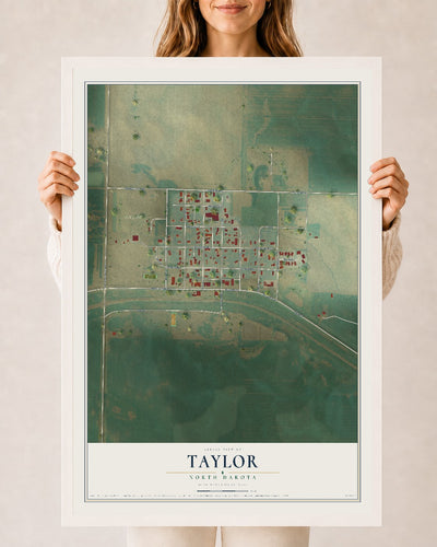 Map of Taylor, North Dakota, 24 x 36 inch print in a white wood frame