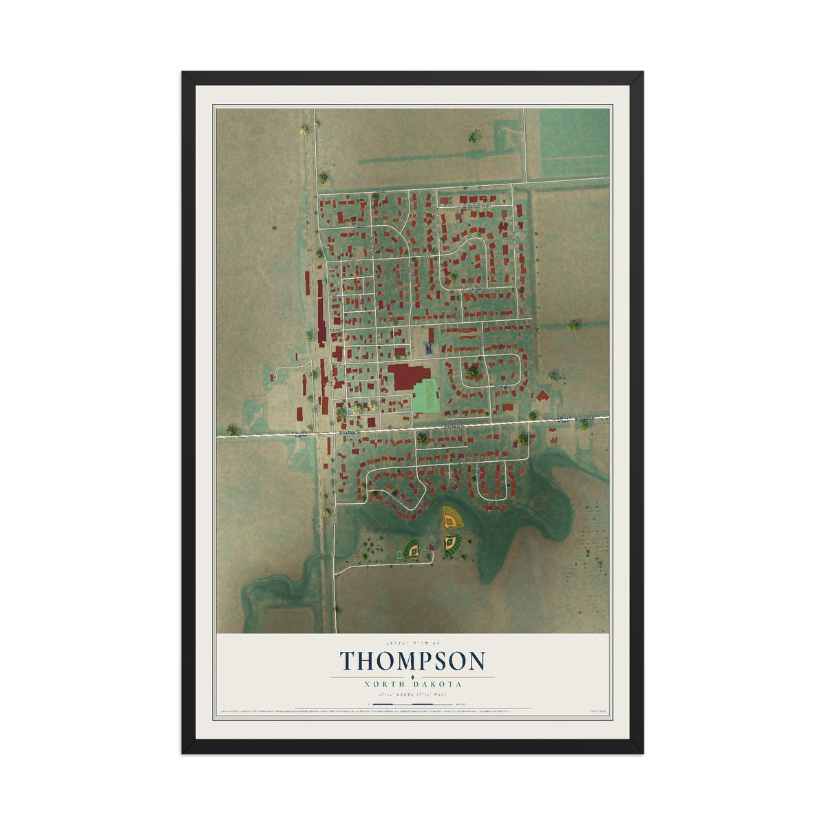 Map of Thompson, North Dakota, 12 x 18 inch print in a black wood frame