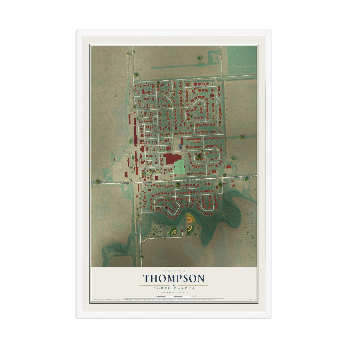 Map of Thompson, North Dakota, 12 x 18 inch print in a white wood frame