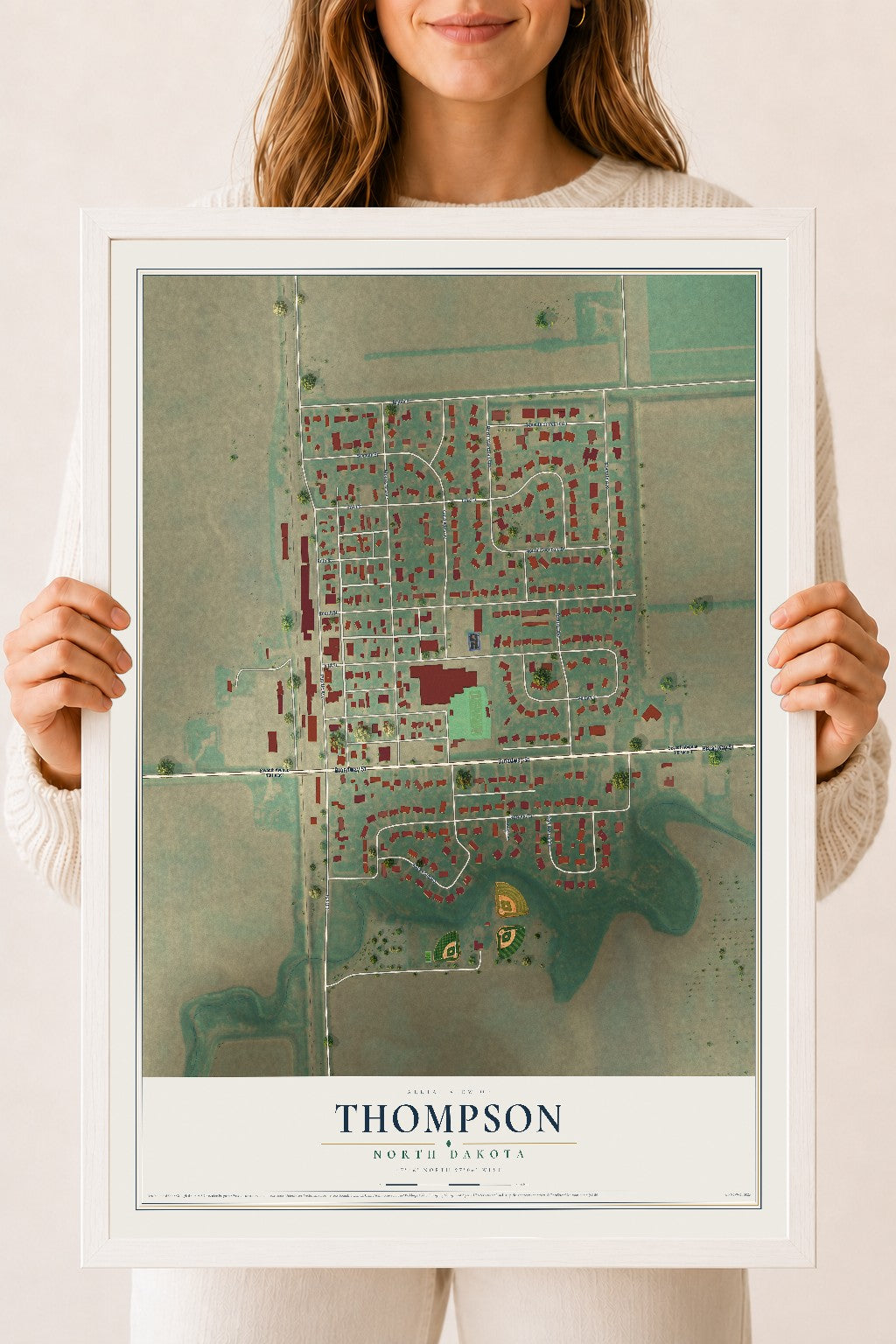Map of Thompson, North Dakota, 18 x 24 inch print in a white wood frame