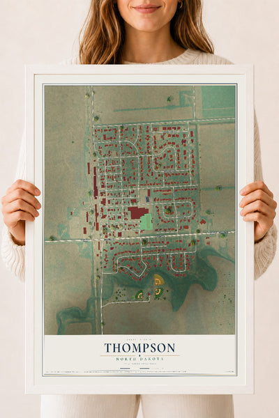 Map of Thompson, North Dakota, 18 x 24 inch print in a white wood frame