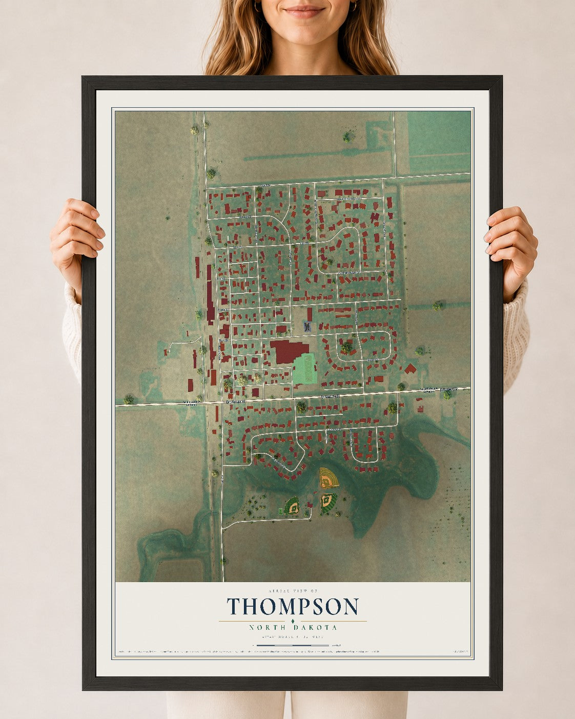 Map of Thompson, North Dakota, 24 x 36 inch print in a black wood frame