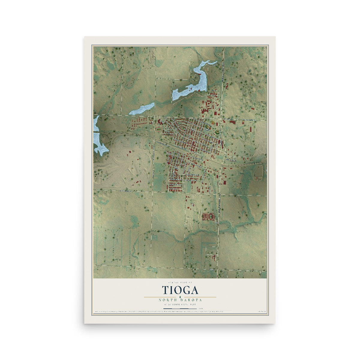 Map of Tioga, North Dakota, 12 x 18 inch unframed archival matte print