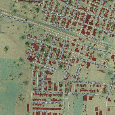Close-up of the map of Tioga, North Dakota print showing street and building detail