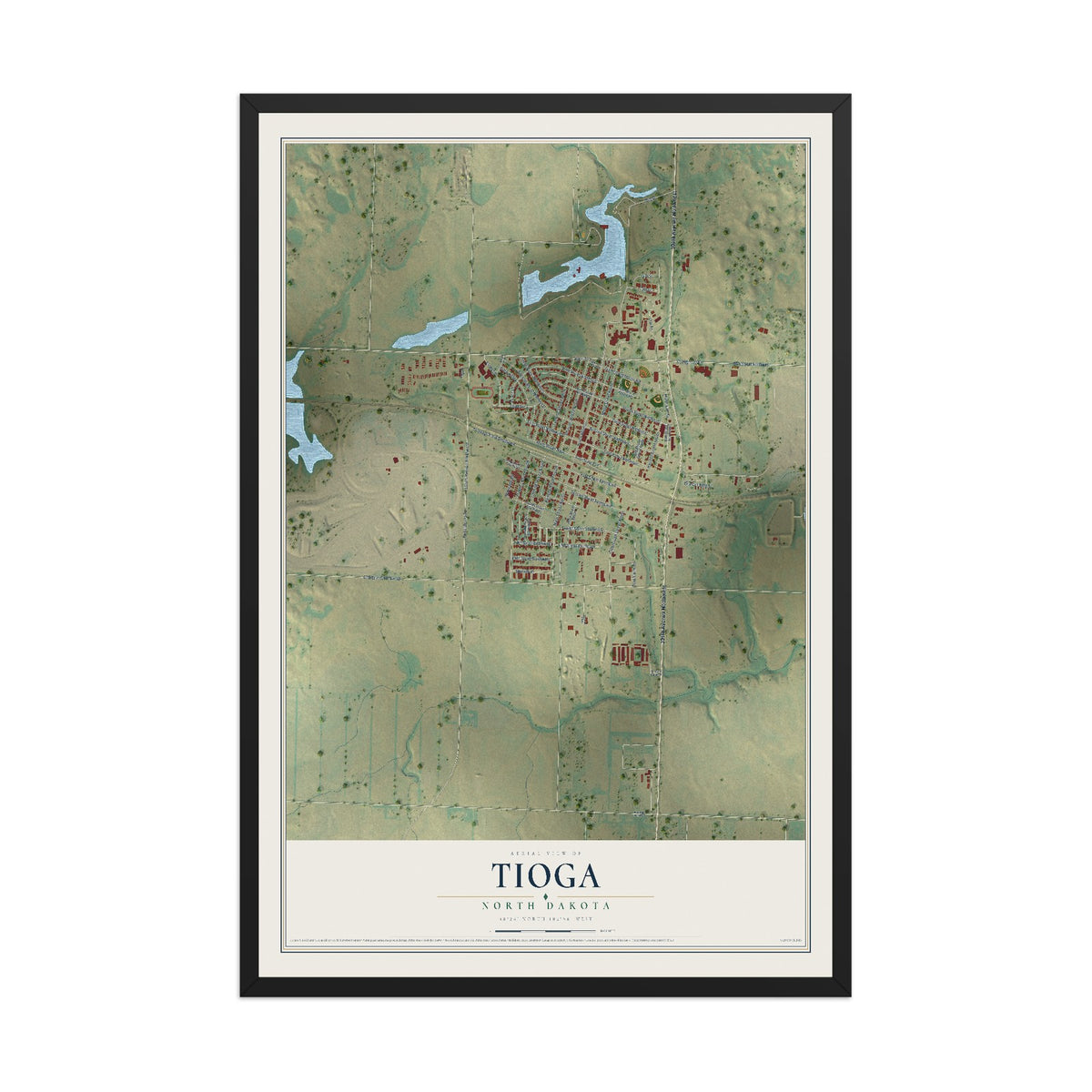 Map of Tioga, North Dakota, 12 x 18 inch print in a black wood frame