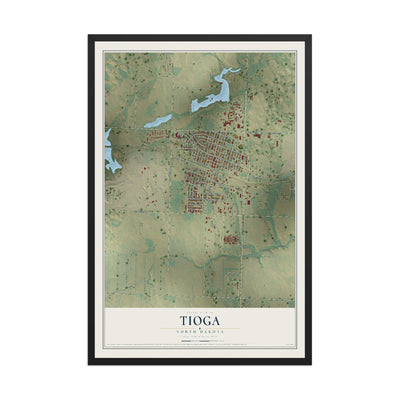 Map of Tioga, North Dakota, 12 x 18 inch print in a black wood frame