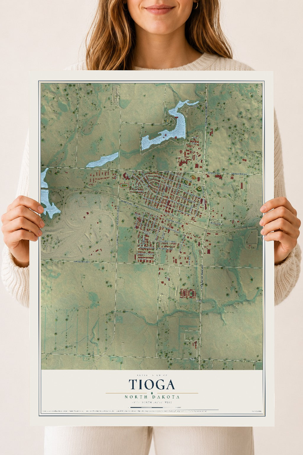 Map of Tioga, North Dakota, 18 x 24 inch unframed archival matte print