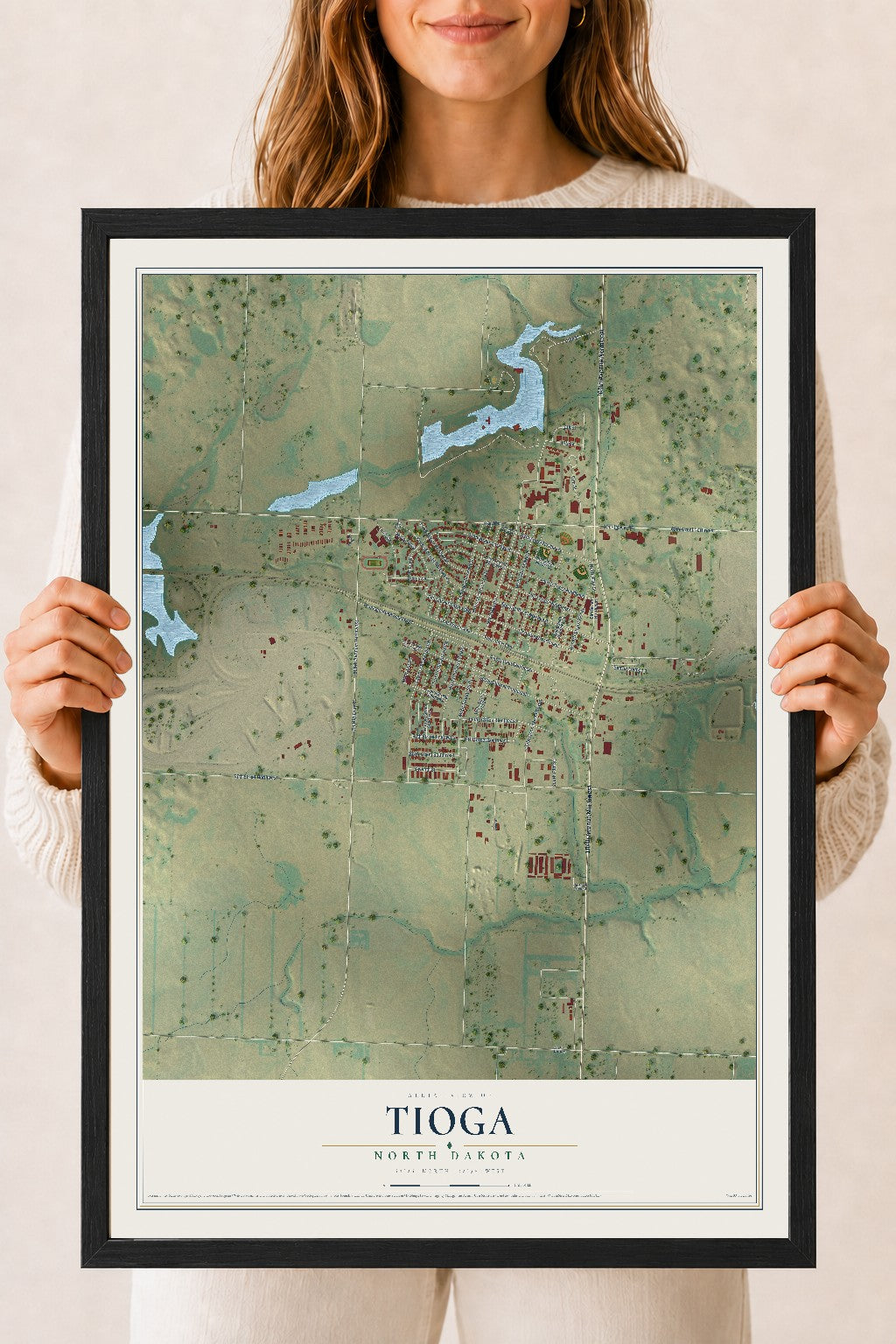 Map of Tioga, North Dakota, 18 x 24 inch print in a black wood frame