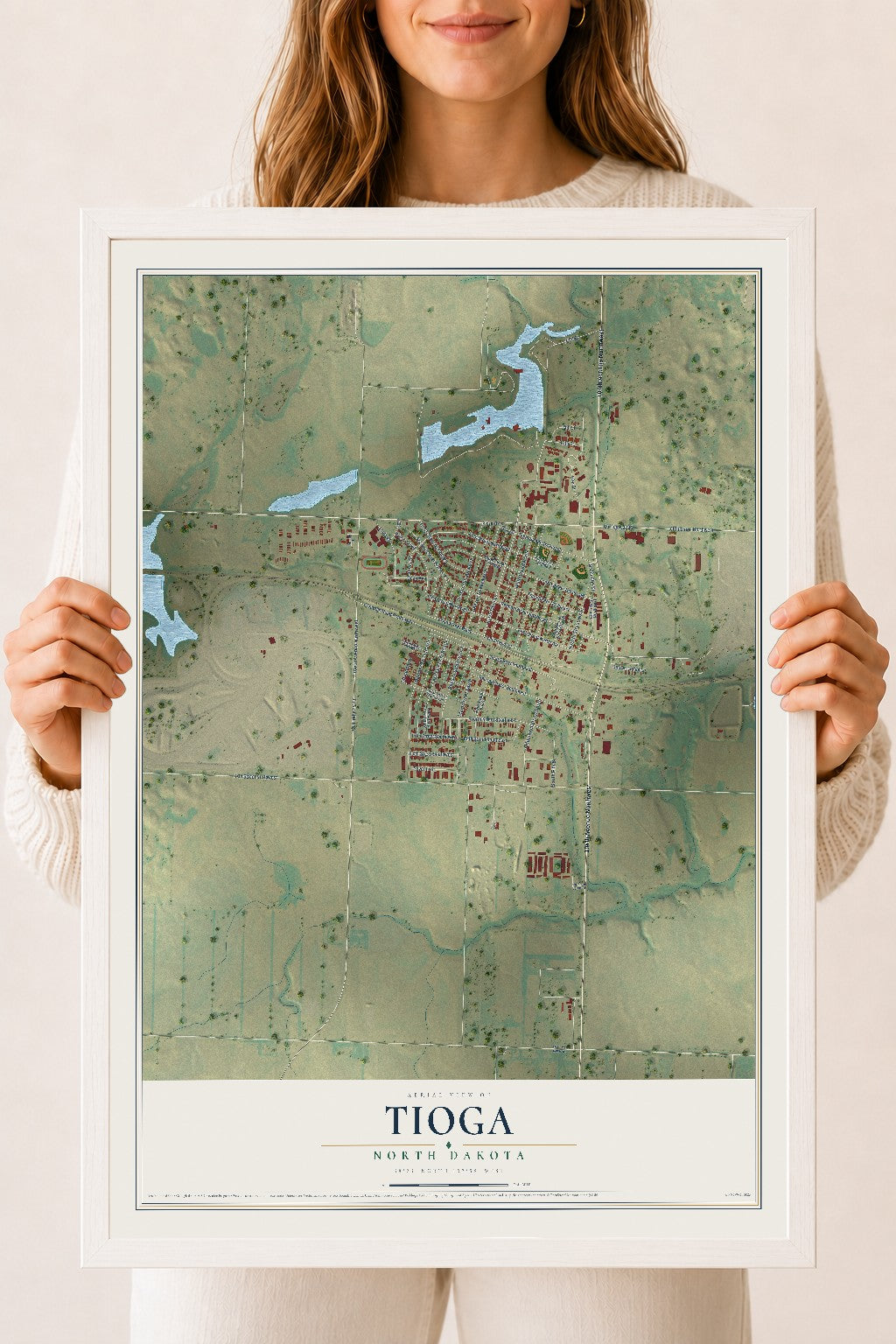 Map of Tioga, North Dakota, 18 x 24 inch print in a white wood frame
