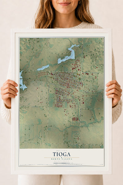 Map of Tioga, North Dakota, 18 x 24 inch print in a white wood frame