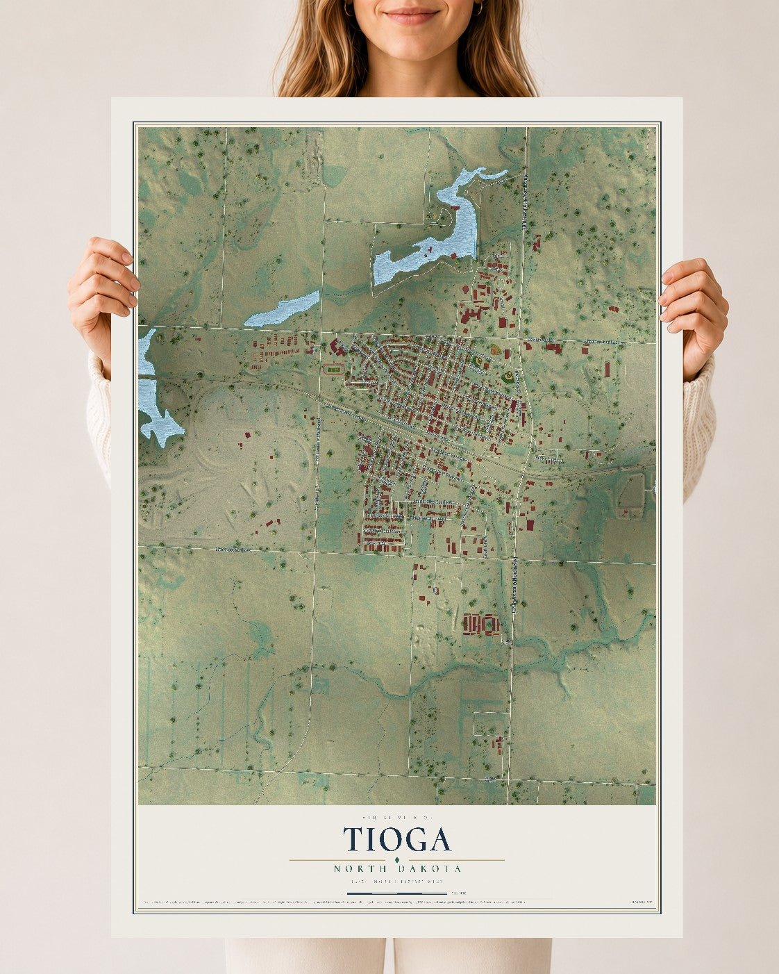 Map of Tioga, North Dakota, 24 x 36 inch unframed archival matte print
