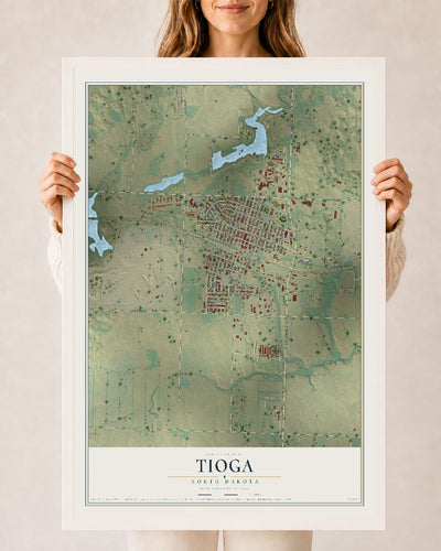 Map of Tioga, North Dakota, 24 x 36 inch print in a white wood frame
