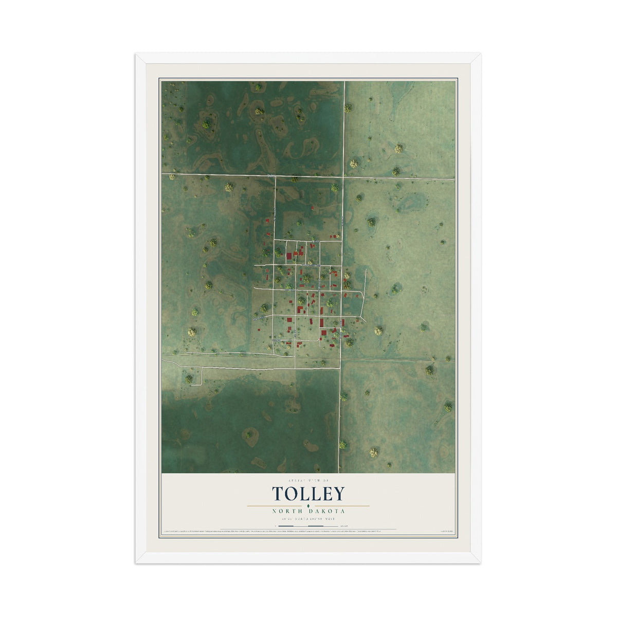 Map of Tolley, North Dakota, 12 x 18 inch print in a white wood frame