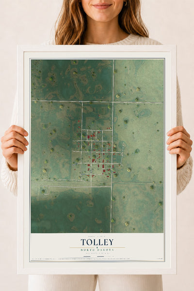 Map of Tolley, North Dakota, 18 x 24 inch print in a white wood frame