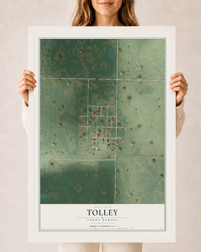 Map of Tolley, North Dakota, 24 x 36 inch print in a white wood frame