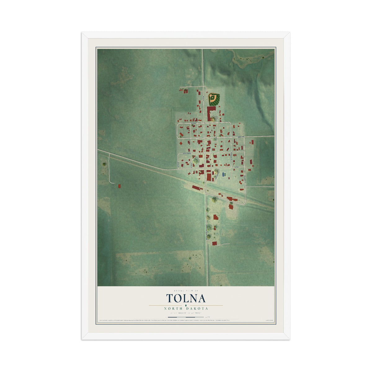 Map of Tolna, North Dakota, 12 x 18 inch print in a white wood frame