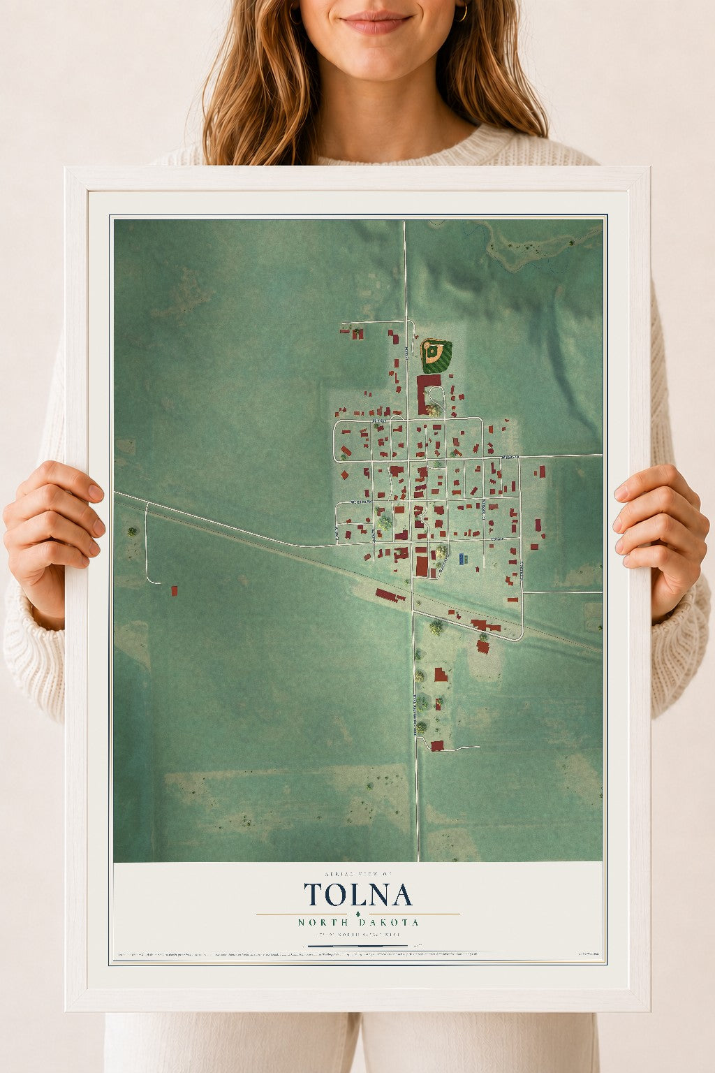 Map of Tolna, North Dakota, 18 x 24 inch print in a white wood frame