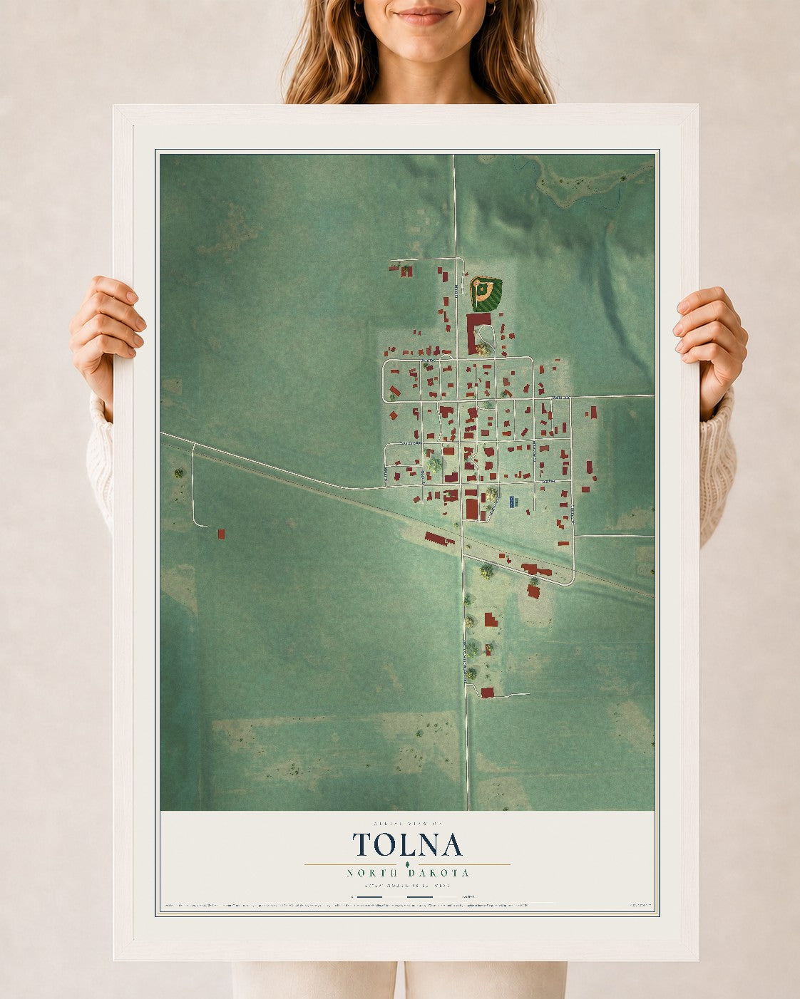 Map of Tolna, North Dakota, 24 x 36 inch print in a white wood frame