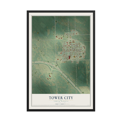 Map of Tower City, North Dakota, 12 x 18 inch print in a black wood frame
