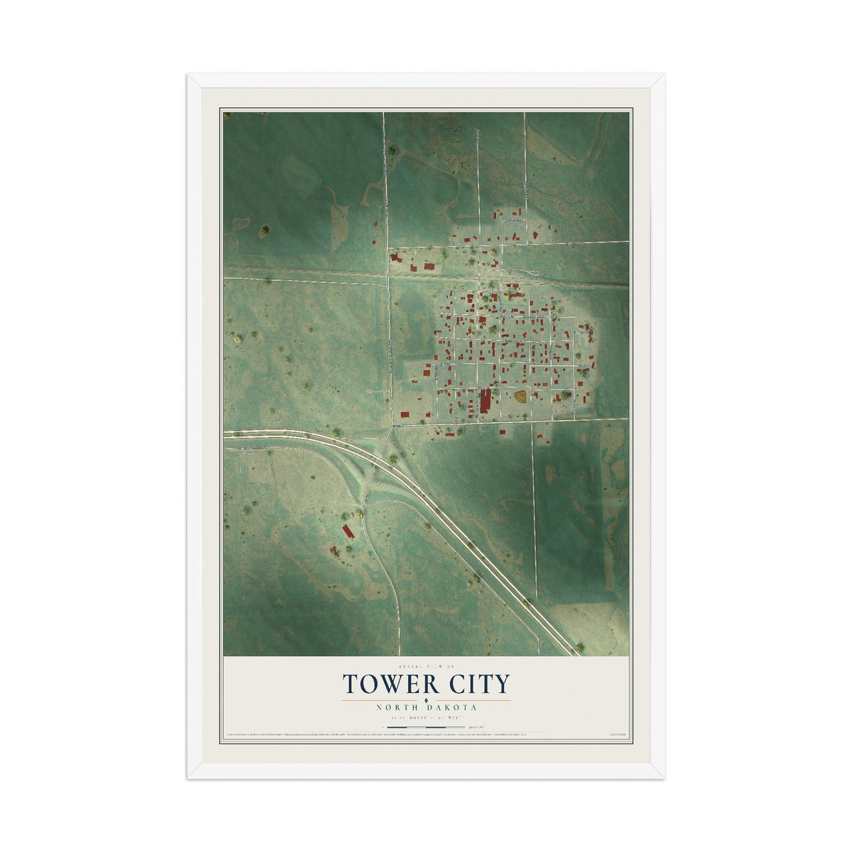 Map of Tower City, North Dakota, 12 x 18 inch print in a white wood frame