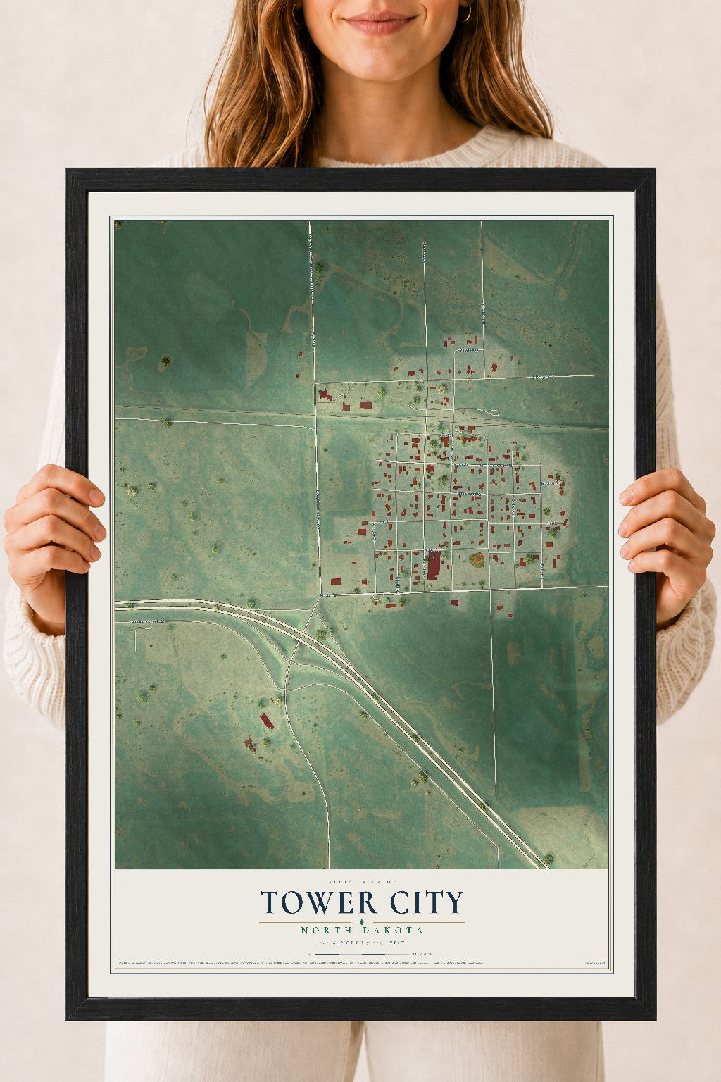 Map of Tower City, North Dakota, 18 x 24 inch print in a black wood frame