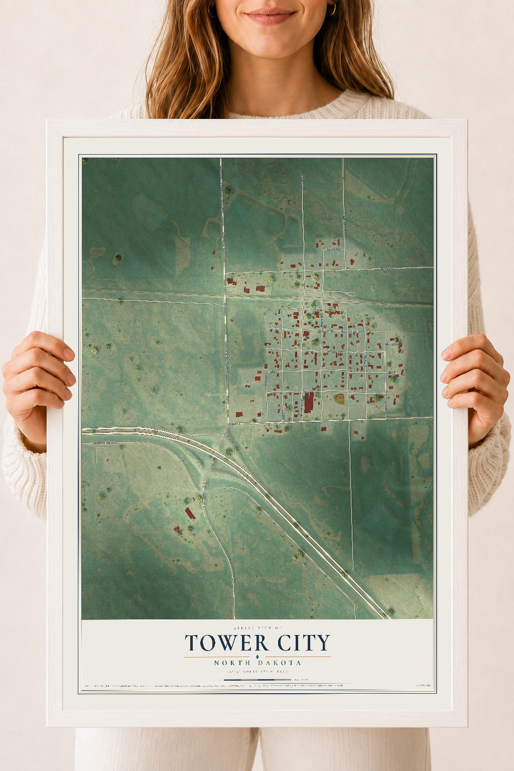 Map of Tower City, North Dakota, 18 x 24 inch print in a white wood frame