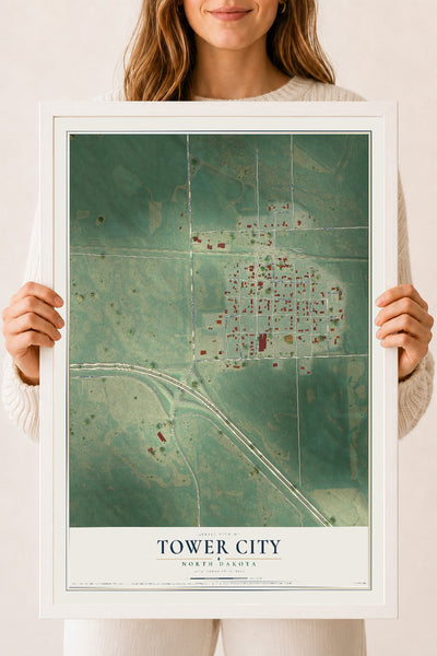 Map of Tower City, North Dakota, 18 x 24 inch print in a white wood frame