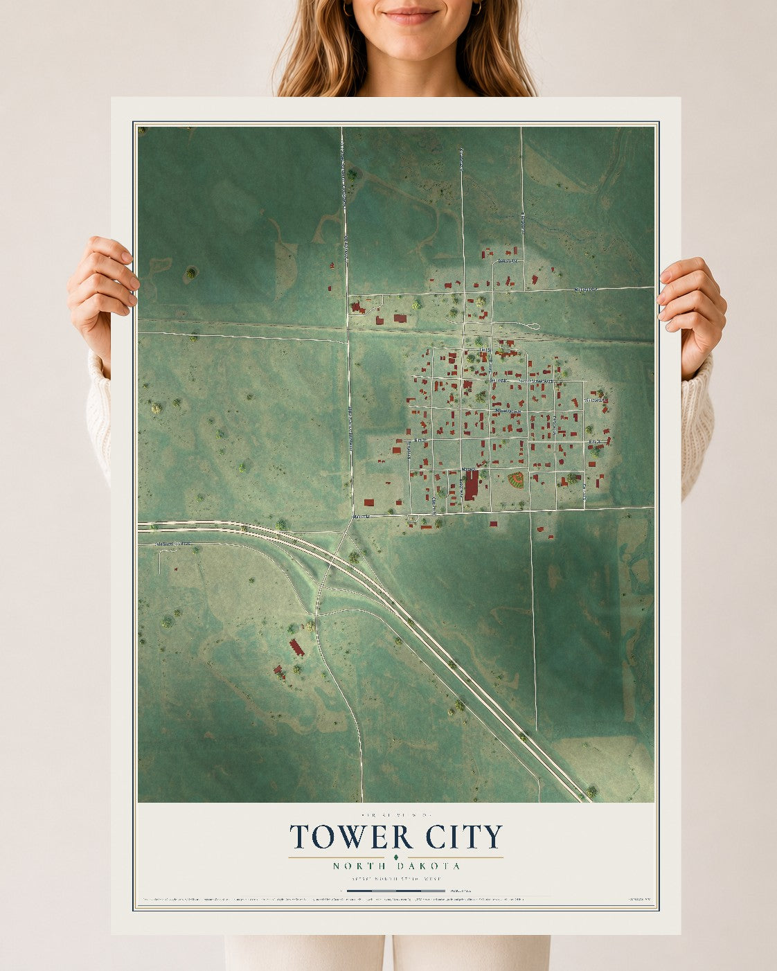 Map of Tower City, North Dakota, 24 x 36 inch unframed archival matte print