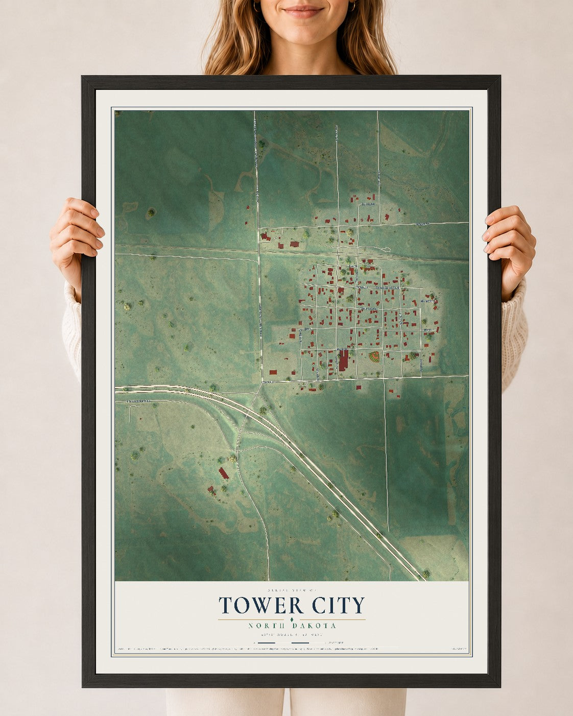 Map of Tower City, North Dakota, 24 x 36 inch print in a black wood frame