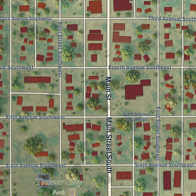 Close-up of the map of Towner, North Dakota print showing street and building detail