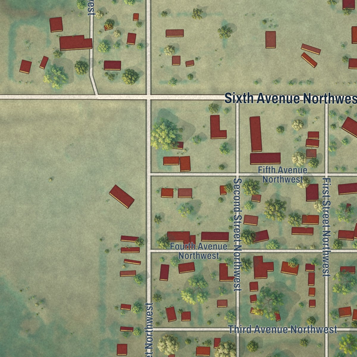 Second close-up of the map of Towner, North Dakota print showing more streets and buildings