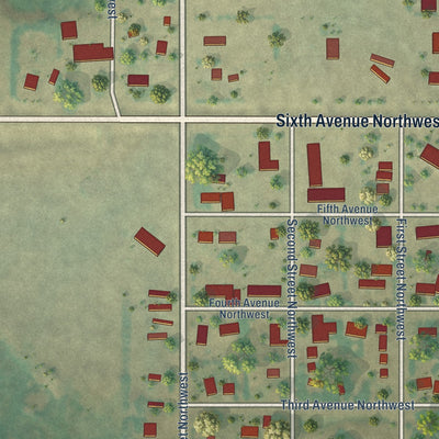 Second close-up of the map of Towner, North Dakota print showing more streets and buildings