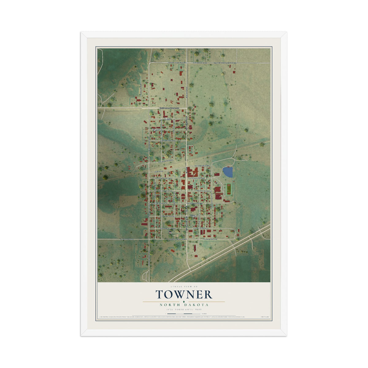Map of Towner, North Dakota, 12 x 18 inch print in a white wood frame