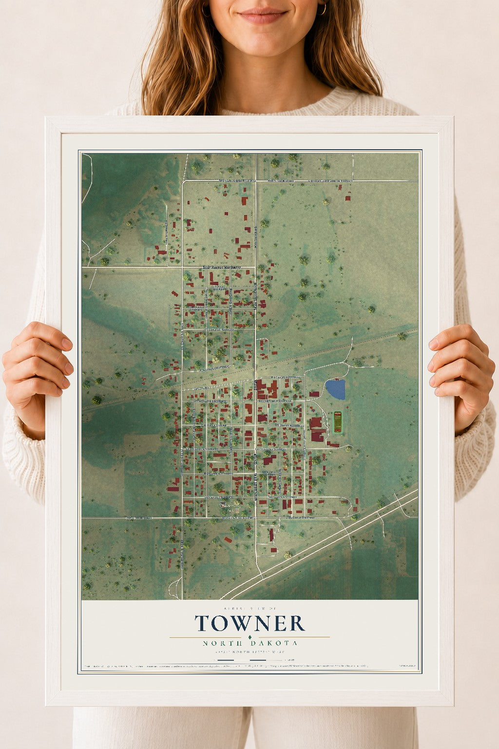 Map of Towner, North Dakota, 18 x 24 inch print in a white wood frame