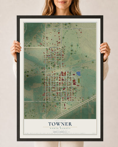 Map of Towner, North Dakota, 24 x 36 inch print in a black wood frame