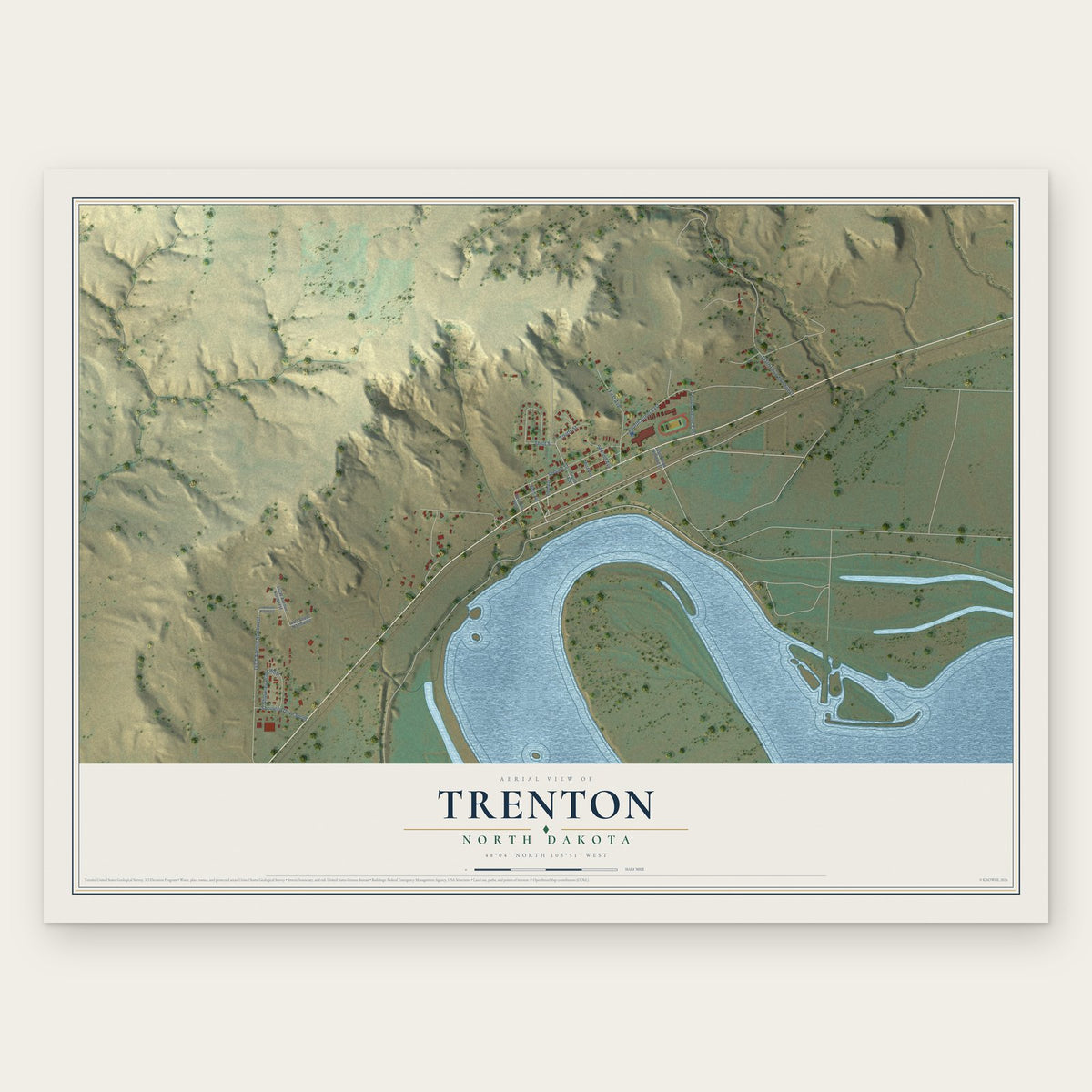 Trenton, North Dakota map print, the full design
