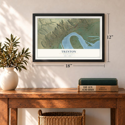 Trenton, North Dakota map, 12 x 18 inch print in a black frame in an entryway