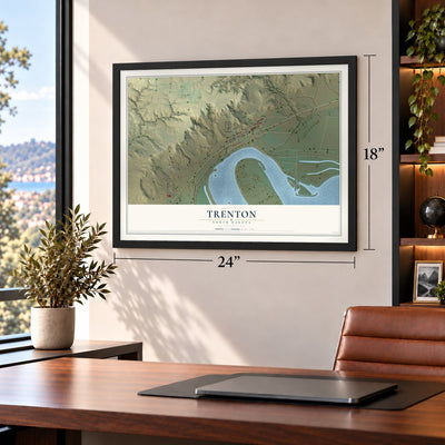 Trenton, North Dakota map, 18 x 24 inch print in a black frame in a home office