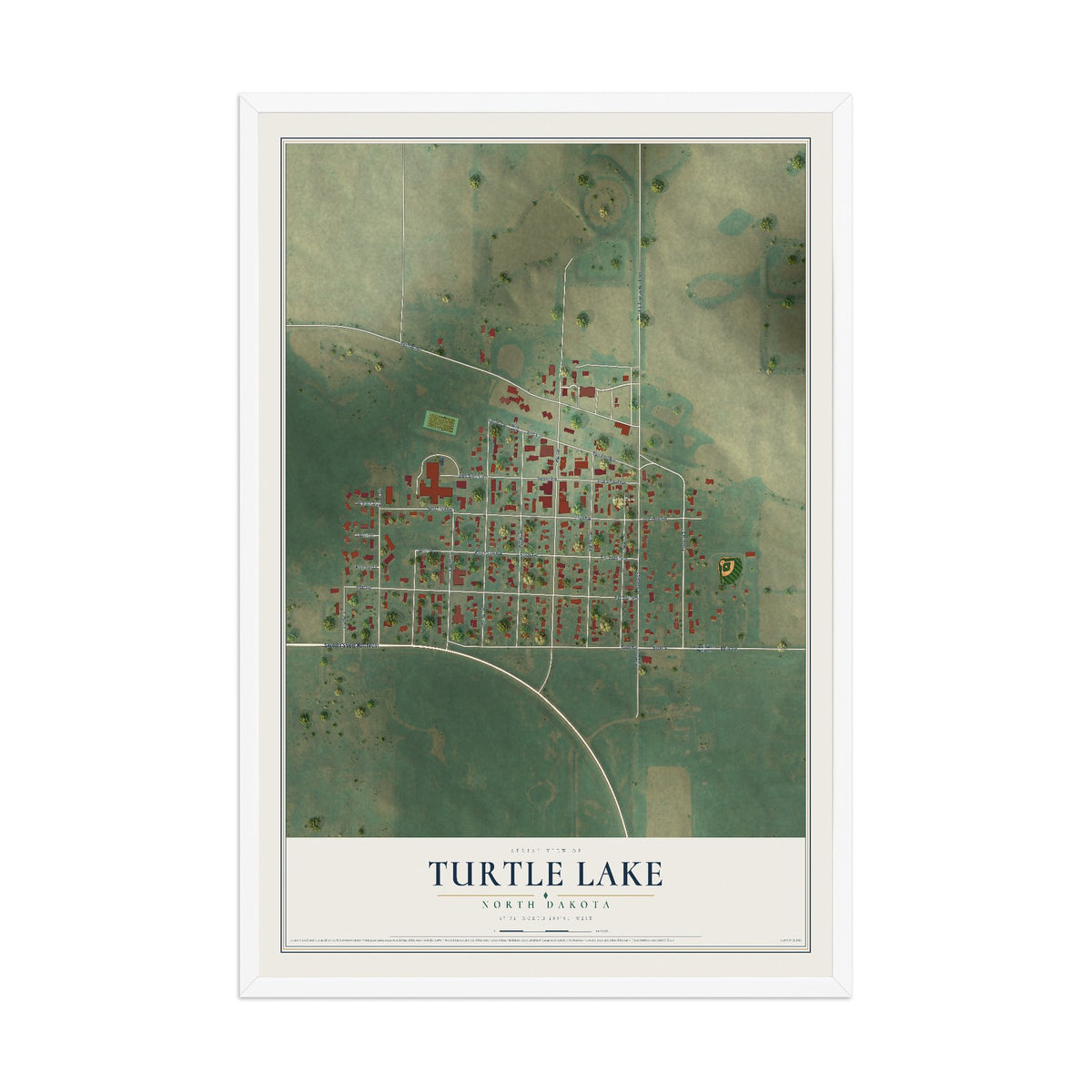 Map of Turtle Lake, North Dakota, 12 x 18 inch print in a white wood frame