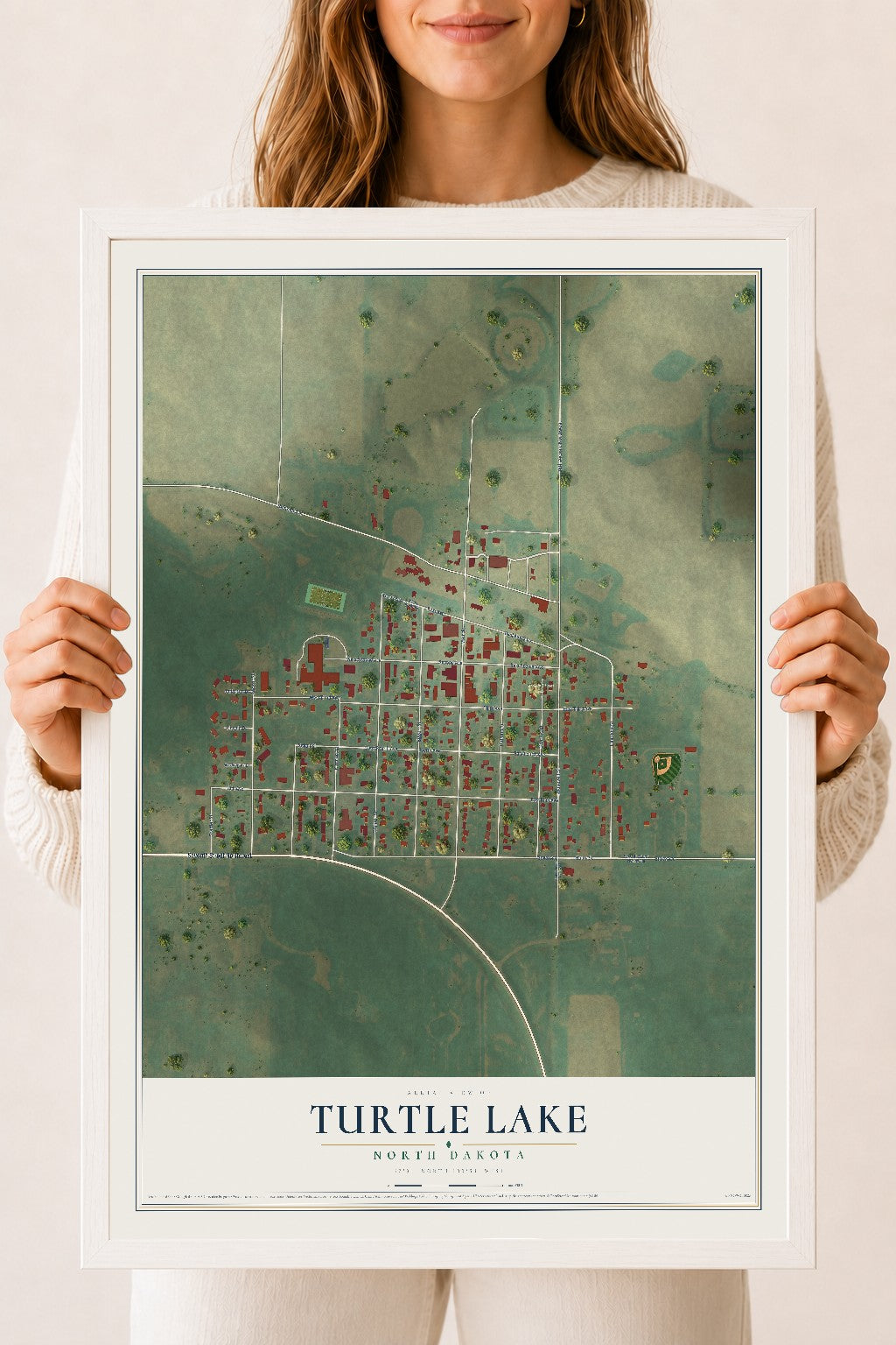 Map of Turtle Lake, North Dakota, 18 x 24 inch print in a white wood frame