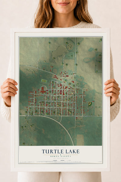Map of Turtle Lake, North Dakota, 18 x 24 inch print in a white wood frame